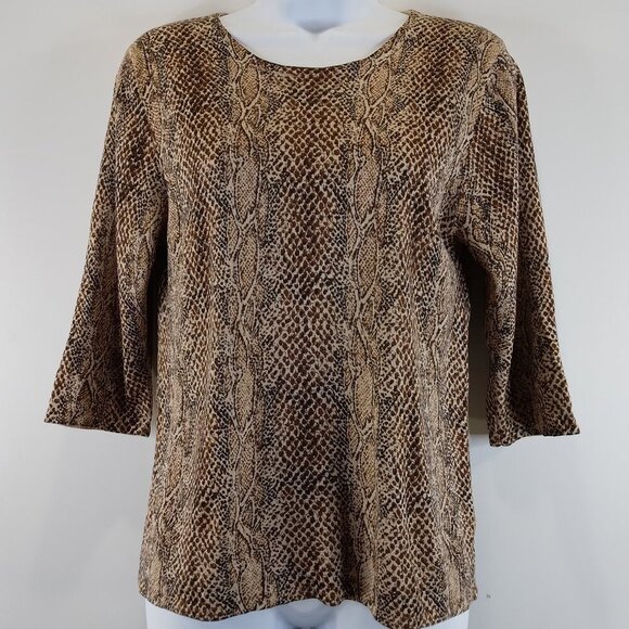August Silk Brown and Black Print 100% Silk Stretch Knit Top Size M - Picture 1 of 9